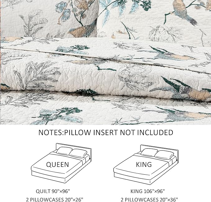 DURLENGEN Birds & Floral 100% Cotton Queen Quilt 3Pcs,Reversible Birds & Flowers Pattern on White,Luxury Lightweight Coverlet Sets for All Season(Queen 90x96,Birds & Floral)