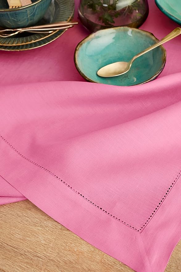 Solino Home Linen Tablecloth for Rectangle Tables 60 x 120 Inch - Classic Hemstitch 100% Pure Linen Flamingo Pink Table Cloth - Machine Washable Cloth Tablecloth