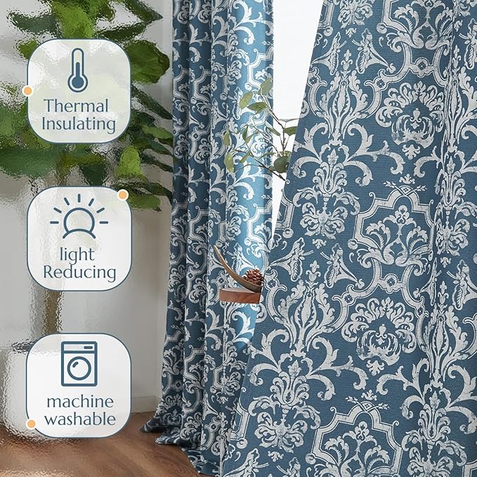 jinchan Blackout Curtains for Bedroom Blue Damask Patterned Curtains 84 Inch Length for Living Room Linen Vintage Drapes Medallion Window Treatments Grommet Top 2 Panels Set