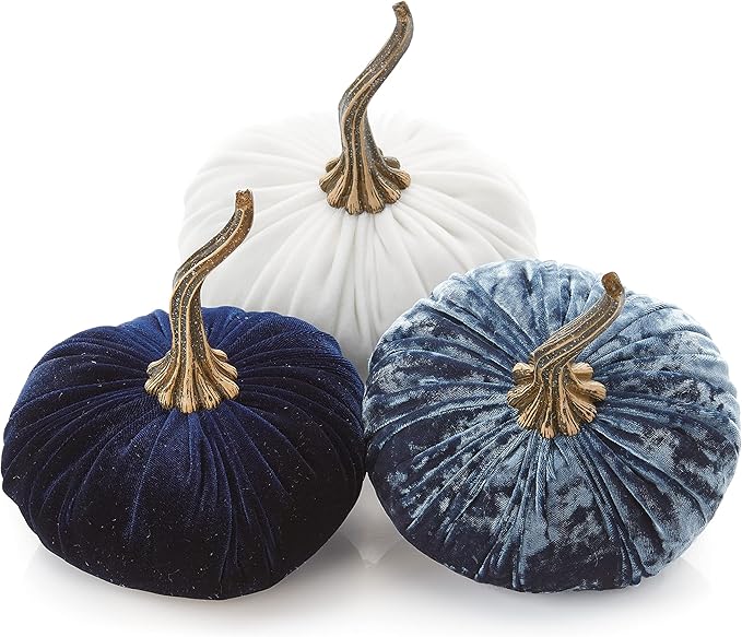 Set of 3 Velvet 6.25 Inch Pumpkins, blue pumpkins, gift set, hygge home, autumn tablescape, bowl filler for kitchen decor, bedroom decor, fall indoor decor (Luxe Indigo, Navy, Ivory)