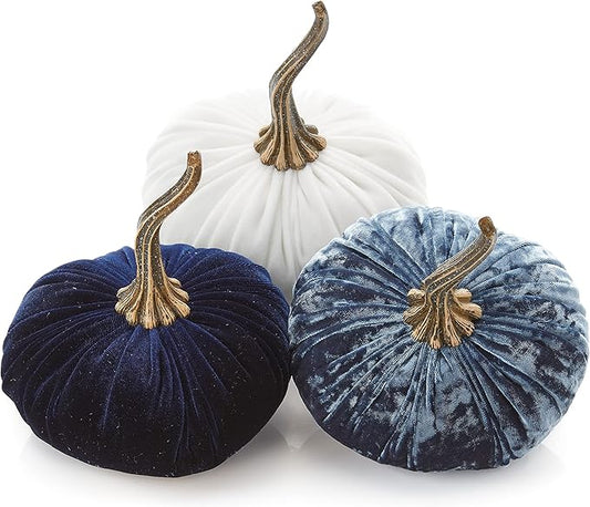 Set of 3 Velvet 6.25 Inch Pumpkins, blue pumpkins, gift set, hygge home, autumn tablescape, bowl filler for kitchen decor, bedroom decor, fall indoor decor (Luxe Indigo, Navy, Ivory)