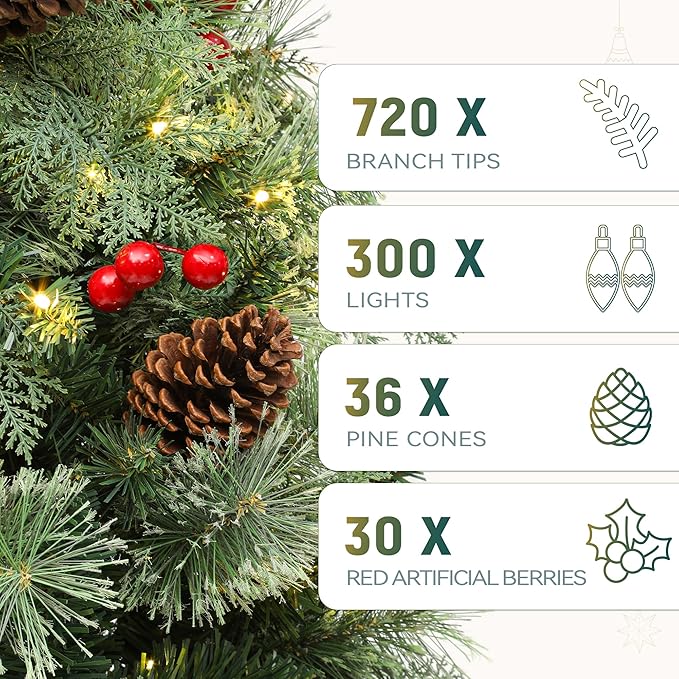 YITAHOME 6ft Prelit Carolina Pine Christmas Tree with Remote, Artificial Green Hinged Christmas Tree w/ 720 Mixed Tips & Pine-Needles, 36 Pinecones, 30 Red Berries, 300 Lights & 11 Modes