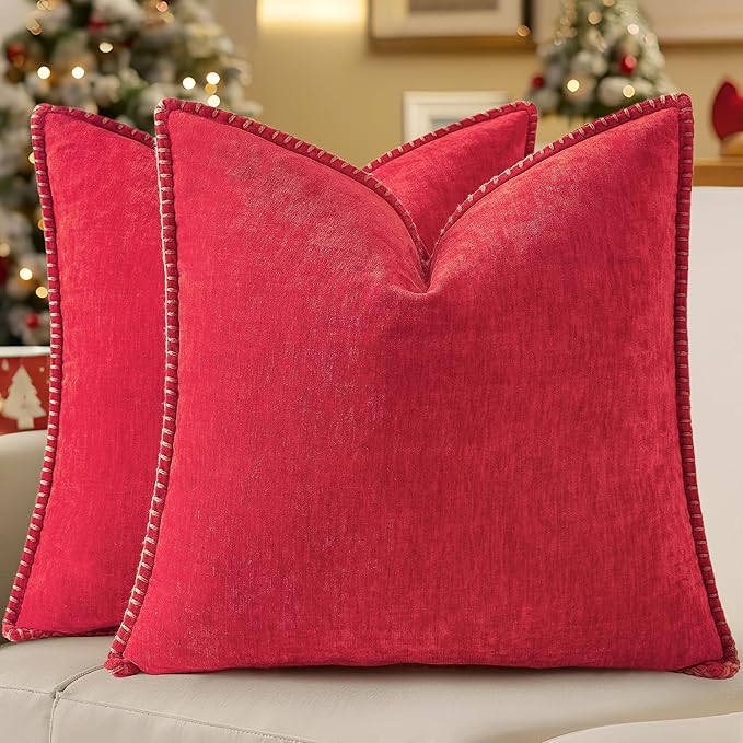 decorUhome Christmas Chenille Soft Throw Pillow Covers 26x26 Set of 2, Farmhouse Velvet Neutral Decorative Euro Pillow Covers with Stitched Edge for Couch Sofa Bed Home Decor, Christmas Red