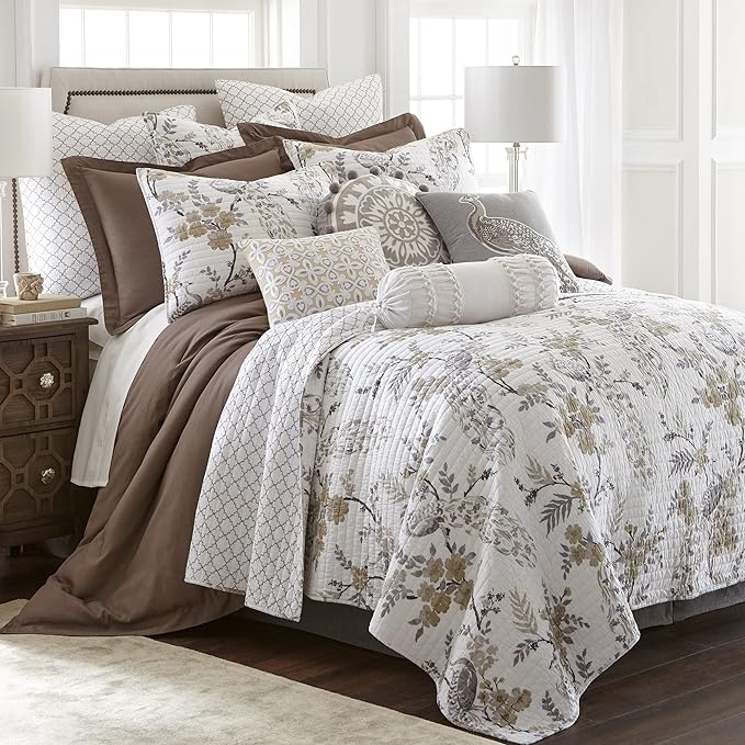 Levtex Home Pisa Reversible King/Cal King Quilt Set (106x92in) with 2 Pillow Shams (36x20in) - Floral Peacock - Grey, Taupe - 100% Cotton King Size Quilt Bedding Set - Lightweight, Soft, Pre-Washed