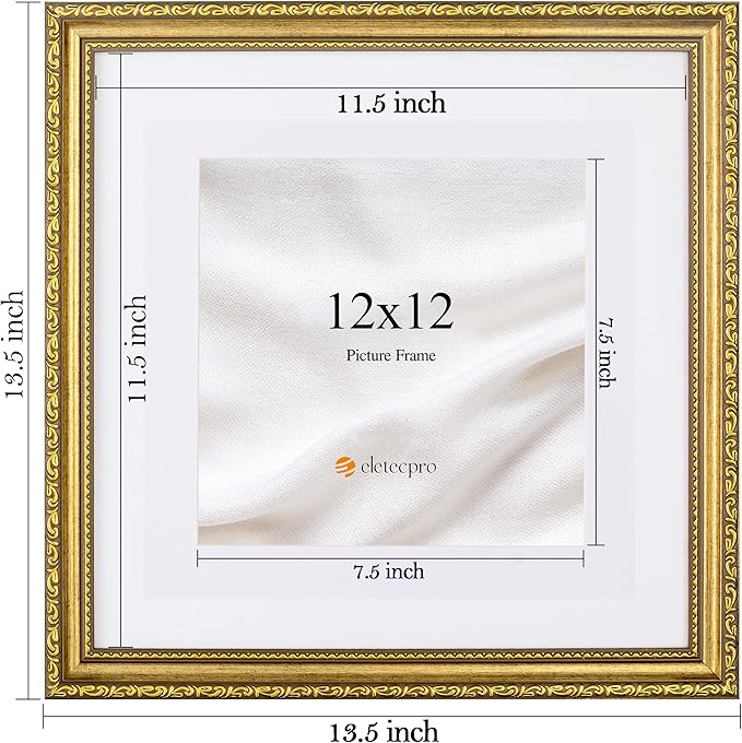 eletecpro 12x12 Picture Frames Set of 2, Vintage Photo Frame with Glass, Ornate Gold Frames 12 x 12 Display 8x8 Photo with Mat or 12x12 without Mat for Home Wall Decor, Gold