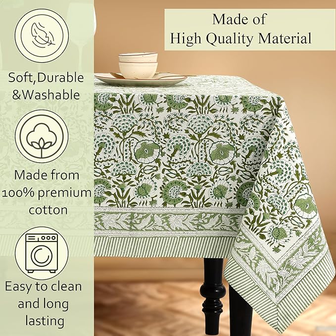 CPC Tablecloth 100% Cotton 72x140 Inch Indian Block Print Rectangle Table Cover, Green Table Cloth for Weddings, Spring/Summer, Barbeque - Agate Green