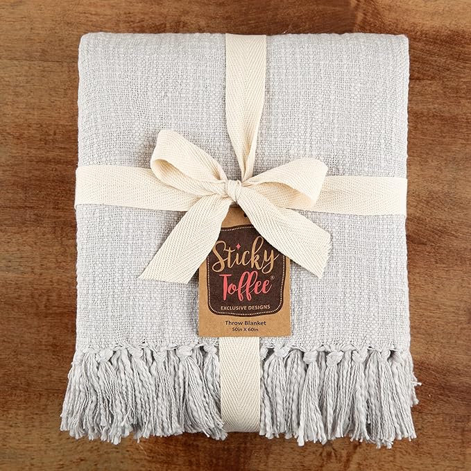 Sticky Toffee Woven Cotton Throw Blanket 60x50 in – Gray Textured Blanket with Fringe for Couch or Bed, Thick and Durable, Boho Decorative Style