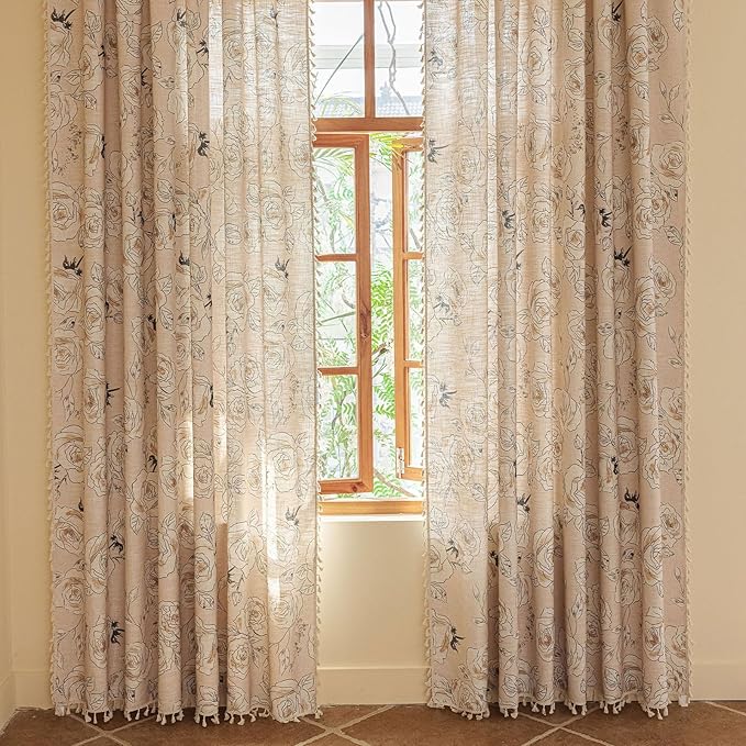 OYX Boho Floral Semi-Blackout Curtains for Bedroom, 2 Panels 52x96 Inches, Grey Rose Vintage Country Pattern with Tassels, Rod Pocket Design, Farmhouse Window Treatments