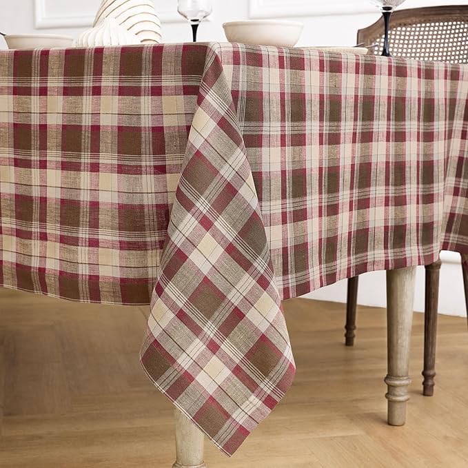 Solino Home Linen Tablecloth 60 x 132 Inch - 100% Pure Linen Rustic Multicolor Tartan Plaid Tablecloth for Rectangle Tables - Machine Washable Table Cloth for Fall, Autumn, Thanksgiving