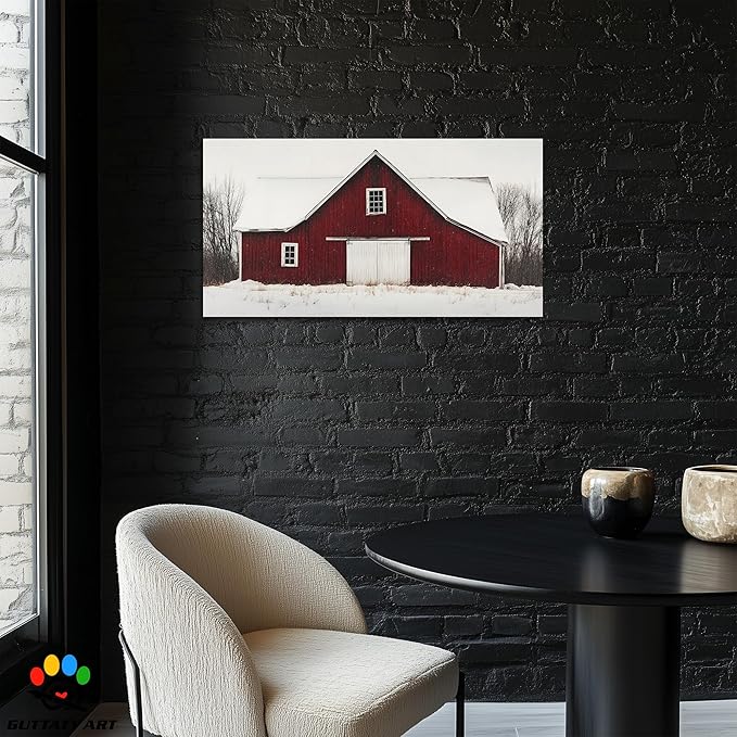 GUTTATY Christmas Winter Scene Canvas Wall Art, Red Barn Snowy Landscape Canvas Painting, Rustic Wall Decor Print for Holiday Living Room, Bedroom, Seasonal Wall Hanging Poster Picture, 48x24 Inch