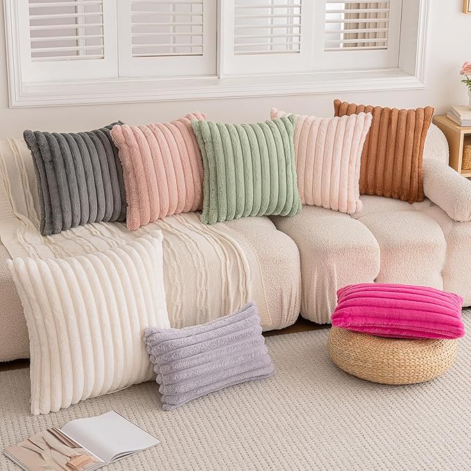 Double-Sided Faux Fur Plush Throw Pillow Covers 12x20 Set of 2 Fuzzy Striped Soft Cozy Pillowcase Luxury Decorative Pillows Rectangle Shaggy Cushion Covers for Couch Sofa Bed,Light Grey