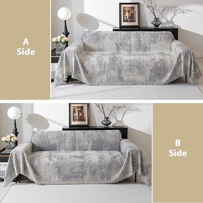 MEETSKY Couch Cover Boho Sofa Covers Couch Covers for 3 Cushion Couch Sofa Pet Friendly, Abstract Geometric Washable Sofa Slipcover for Sectional Sofa Cover with Tassel, 91" x 134", Light Grey