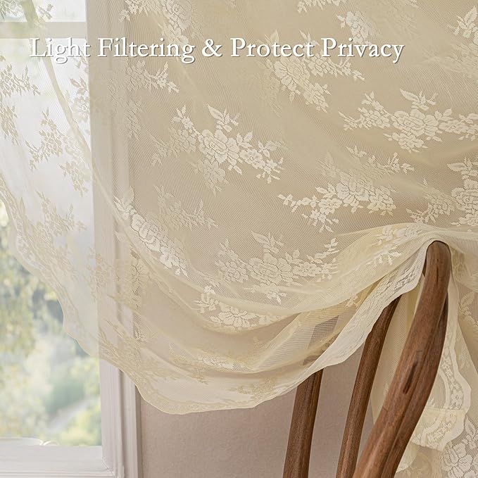 MEETSKY Lace Sheer Curtains 63 Inch Length Light Yellow Vintage Victorian French Elegant Light Filtering Back Tab Rod Pocket Boho Style Drapes for Living Room Bedroom for Farmhouse, 50"x63", 2 PCs