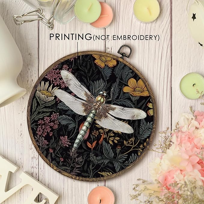 KFXHANGD Vintage Dragonfly Round Wall Art Framed, Dragonfly Wall Decor, Dark Green Botanical Canvas Wall Art Decor, Dragonflies Floral Hanging Wall Decor for Bathroom Living Room Bedroom,10x10