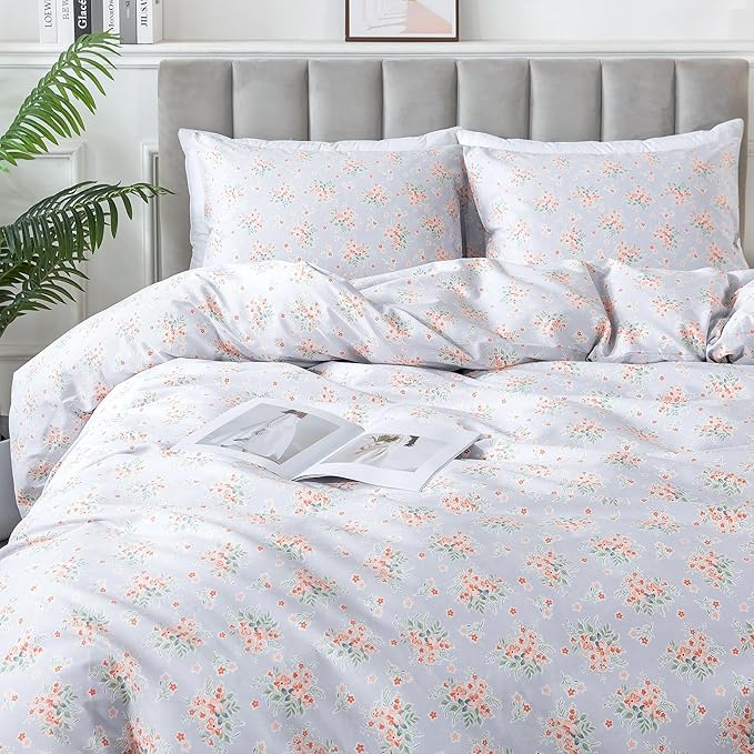 HoneiLife Wildflower Duvet Cover King - 100% Cotton Comforter Cover Sets, 3-PC Floral Duvet Cover Sets, Botanical Bedlinen Set with Zipper Closure & Corner Ties