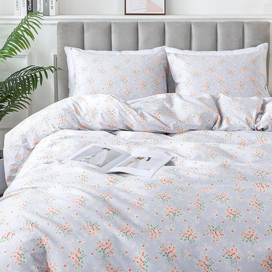 HoneiLife Wildflower Duvet Cover King - 100% Cotton Comforter Cover Sets, 3-PC Floral Duvet Cover Sets, Botanical Bedlinen Set with Zipper Closure & Corner Ties