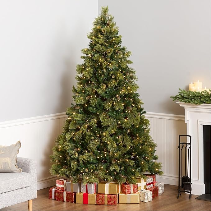 National Tree Company Carolina Pine 7.5 Foot Artificial Holiday Prelit Christmas Tree w/750 Clear Lights, Pinecones, 1399 Branch Tips and Metal Stand