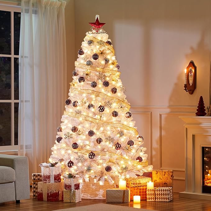 Yaheetech 7.5ft Pre-lit Spruce Artificial Hinged Christmas Pine Tree Prelighted Holiday Xmas Tree for Home Party Decoration with 550 Warm White Lights and 1354 Branch Tips, White