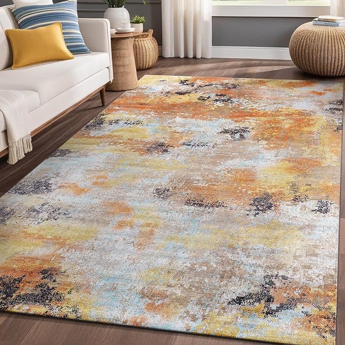 Non Slip Rugs 4x6 Modern Abstract Easy Silk Rubber Backing Soft Area Rug for Living Room Easy to Clean Non Shedding Kitchen for Bedroom Indoor Carpet (Orange - Brown, 4x6)