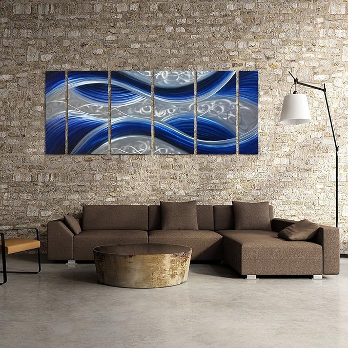 Handcrafted Abstract Metal Wall Art with Soft Color, Large Scale Decor in Huge Blue Line Design, 3D Artwork for Indoor Outdoor Wall Decorations, 6-Panels Metal Art Measure 24"x 65"