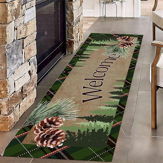 Rustic Forest Runner Rug for Hallway,3.3x7ft,Cottage Collection Pinecone Pine Leaf and Green Gingham Patchwork Rugs,Country Brown Non-Slip Washable Doormat for Living Room Bedroom Entrance