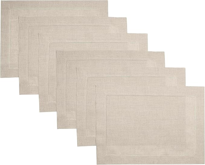D'Moksha Homes Linen Placemats Set of 6 - Classic Hemstitch Natural Placemats 14 x 19 Inch - 100% Pure Linen Table Mats for Winter, Christmas, Holiday - Handcrafted and Machine Washable