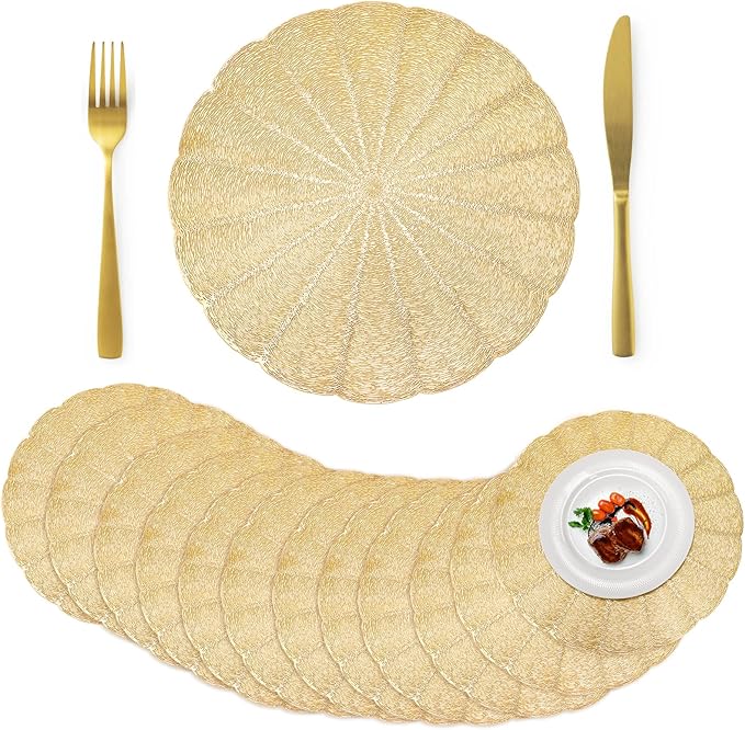 ZOOFOX 12 Pack Round Pressed Vinyl Placemats, 15 Inch Hollow Out Vinyl Dining Table Mats, Non-Slip Heat Resistant Metallic Platemats for Christmas Dinner Holiday Party Wedding Centerpiece Decor