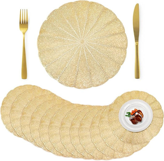 ZOOFOX 12 Pack Round Pressed Vinyl Placemats, 15 Inch Hollow Out Vinyl Dining Table Mats, Non-Slip Heat Resistant Metallic Platemats for Christmas Dinner Holiday Party Wedding Centerpiece Decor
