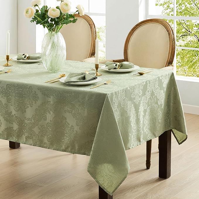 Newbridge Barcelona Damask Fabric Tablecloth, 60 x 120 Inch Rectangle, Sage Green – No Iron, Soil Resistant Table Cover for Dining, Parties and Holidays