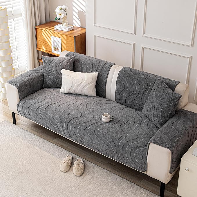 Couch Cover Sofa Covers Washable, Velvet Fleece Sofa Slipcovers for 2 Cushion Couch, Non-Slip Furniture Protector for Dog Pet, L Shaped Recliner Sectional Couch Cover Grey,36"X47"(Only 1 Pcs)