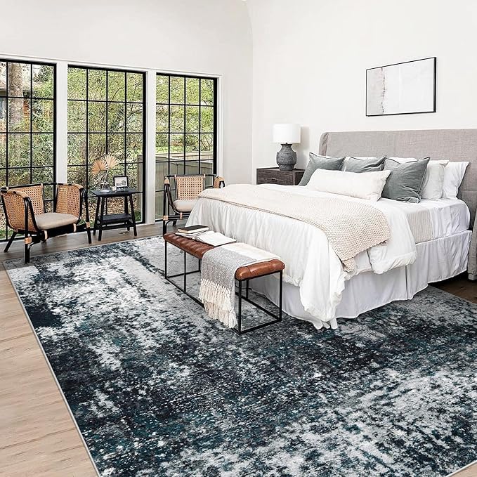 9x12 Area Rugs Washable Rug, Soft Modern Abstract Rugs for Living Room Large Low Pile Thin Rug Non Slip Indoor Neutral Carpet for Bedroom Dining Room Farmhouse Office Kids Playroom Black Grey Blue