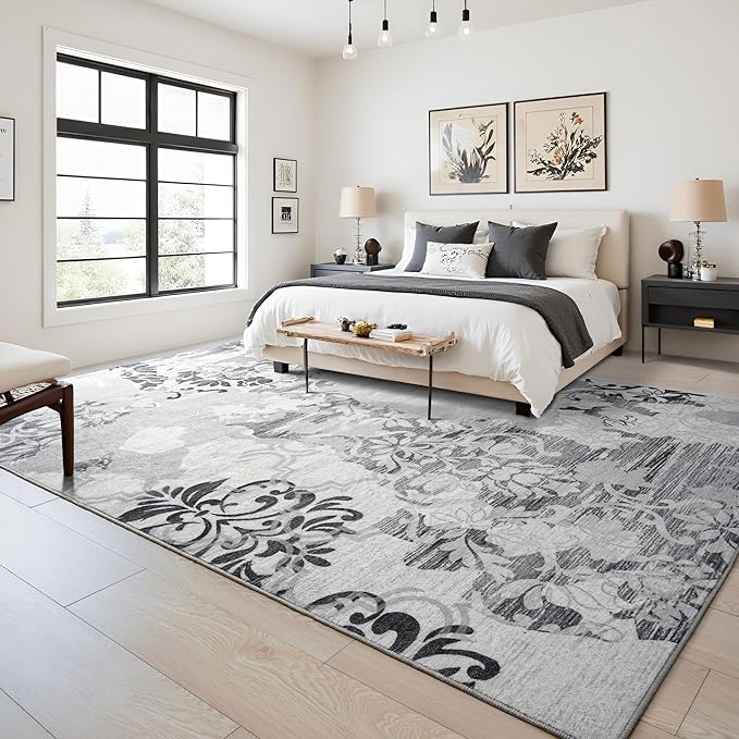 Keeko 5x7 Area Rugs for Living Room, Modern Abstract Floral Pattern Rugs for Bedroom, Soft Washable Rug with Non-Slip Backing Low-Pile Non-Shedding Carpet for Kitchen Home Office Dining Table - Grey