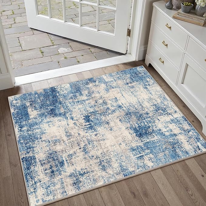 2x3 Modern Abstract Rug Washable Area Rugs for Living Room Bedroom Dining Room Non-Slip Low Pile Neutral Large Rug Soft Indoor Floor Carpet, Blue