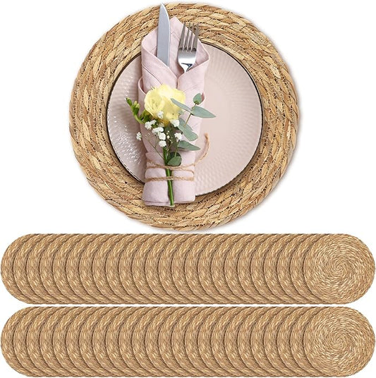 Aneco 48 Pack 13.8-Inch Round Woven Placemats Natural Hand-Woven Boho Rattan Wicker Bulrush Placemat Farmhouse Rustic Braided Table Mats for Dining & Kitchen Decor