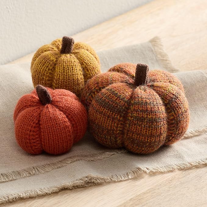 Your Heart's Content Set of 3 Cozy Mini Knit Pumpkins, Warm Green Gold Fall Table top décor, Soft Autumn Home Accents, Thanksgiving Table Setting (Spiced Maple Multi-Size Set)