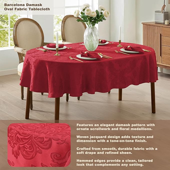 Newbridge Barcelona Damask Fabric Tablecloth, 60 x 84 Inch Oval, Red – No Iron, Soil Resistant Table Cover for Dining, Parties and Holidays