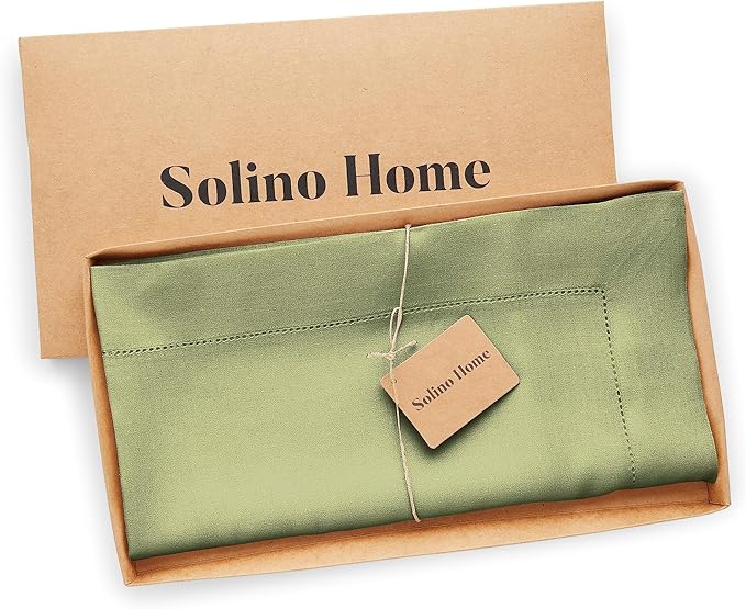 Solino Home Square Linen Tablecloth 52 x 52 Inch - 100% Pure Linen Moss Green Table Throw - Classic Hemstitch, Machine Washable Table Cloth for Fall, Autumn, Thanksgiving, Winter