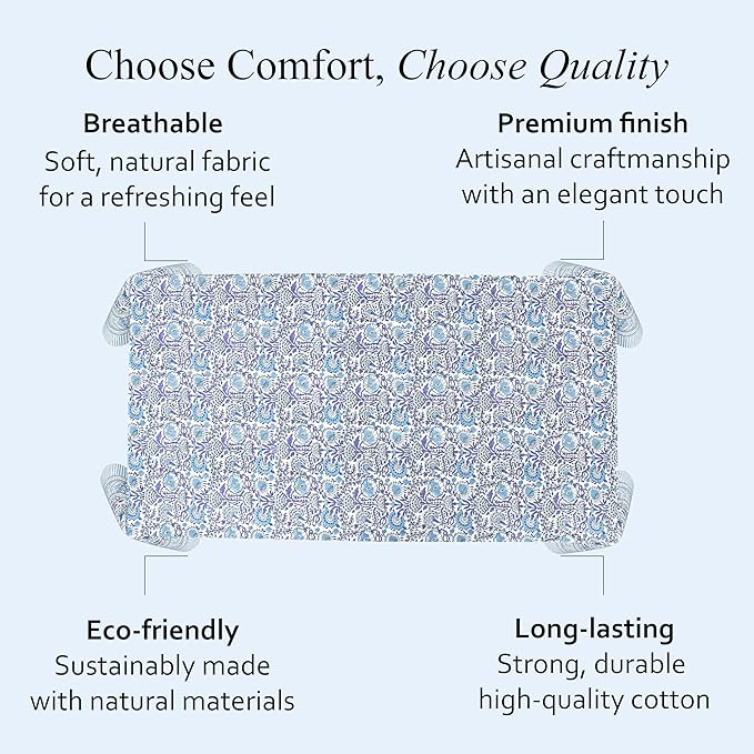 CPC Cotton Tablecloth 80x120 Inch Rectangle Indian Block Print Tablecloth- Blue Washable Wedding Table Cover for Thanksgiving/Christmas- Indigo Blue