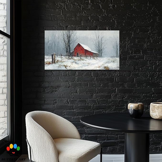 GUTTATY Christmas Winter Scene Canvas Wall Art, Rustic Red Barn Pictures, Snowy Landscape Wall Print, Country Farmhouse Canvas Painting, Festive Hanging Artwork for Living Room Decor, 24x12 Inch