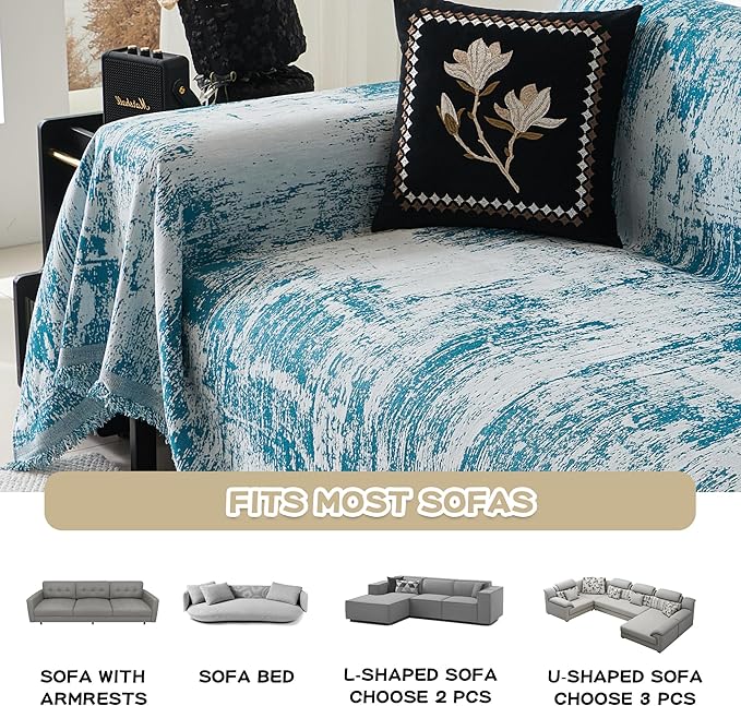 MEETSKY Blue Couch Cover Sectional Sofa Covers Washable Chenille Geometric Abstract Geometric Couch Covers for 2 Cushion Sofa Slipcover Multi-Use Durable Couch Throw Cover for Dogs Pets, 71" x 118"