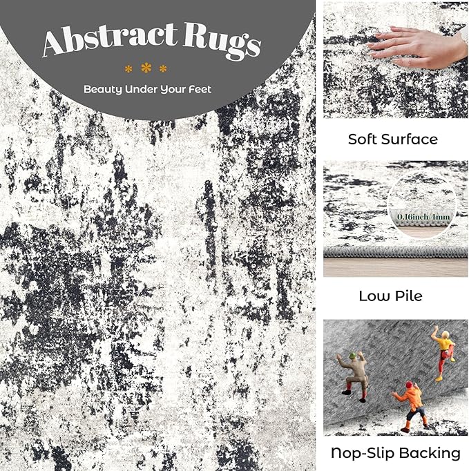 Modern Abstract Area Rug, 9'x12', Machine Washable, Non-Slip, Stain Resistant, Neutral, Soft, Perfect for Living Room, Dining Room, Bedroom, Office (Black)