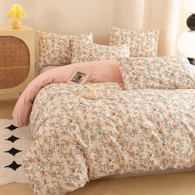 ECOCOTT Reversible Floral Duvet Cover King Size – 3 Piece 100% Washed Cotton Bedding Set, Soft Breathable Comforter Cover with Zipper Closure & Corner Ties