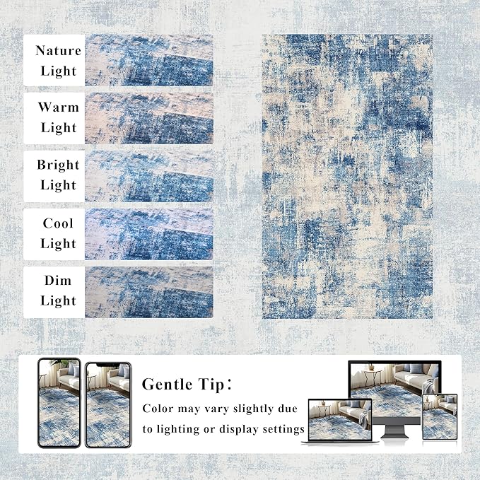 3x5 Modern Abstract Rug Washable Area Rugs for Living Room Bedroom Dining Room Non-Slip Low Pile Neutral Large Rug Soft Indoor Floor Carpet, Blue