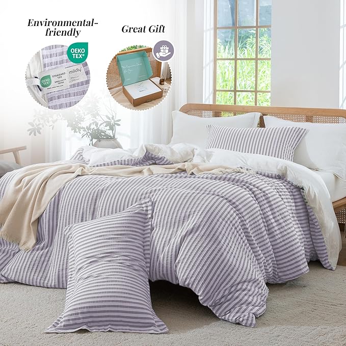MILDLY Purple Striped Duvet Cover - 100% Washed Cotton Jacquard Boho Textured Comforter Cover 3pcs with Corner Ties Zipper Closure 90"x90"