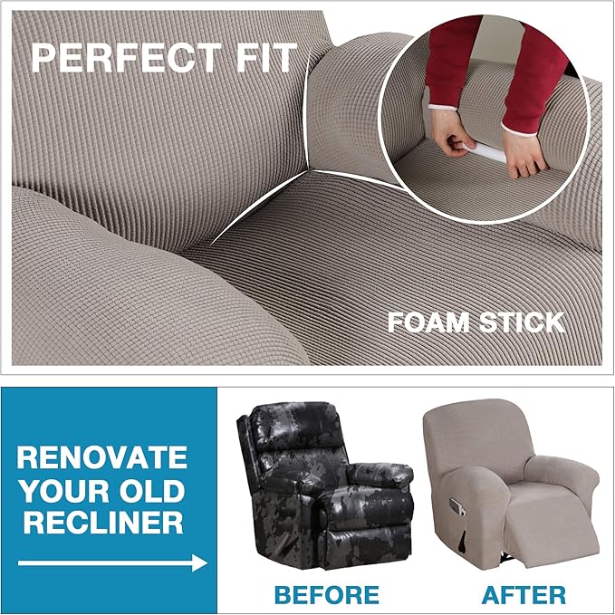 Flamingo P Stretch Recliner Chair Cover Recliner Cover for Electric/Manual Style | Furniture Cover for Reclining with Side Pocket, Soft Checked Jacquard Fabric Form Fitted Standard/Oversized - Taupe