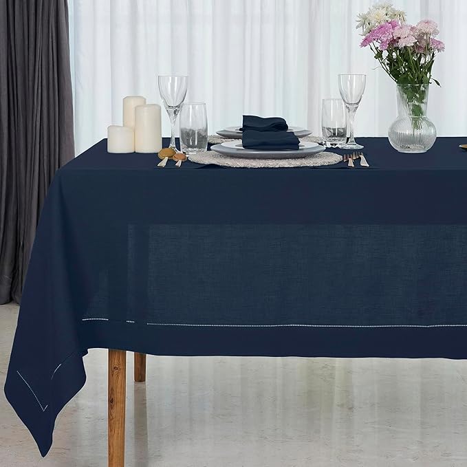 D'Moksha Homes Navy Blue Linen Tablecloth for Rectangle Tables 60 x 90 Inch - 100% Pure Linen Navy Table Cloth - Classic Hemstitch, Machine Washable Tablecloth for Thanksgiving, Holiday