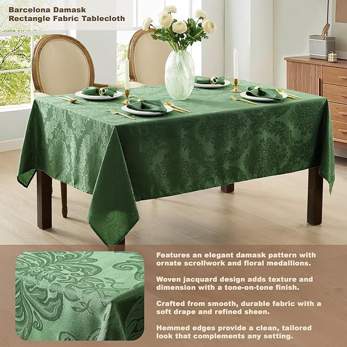 Newbridge Barcelona Damask Fabric Tablecloth, 60 x 144 Inch Rectangle, Hunter Green – No Iron, Soil Resistant Table Cover for Dining, Parties and Holidays