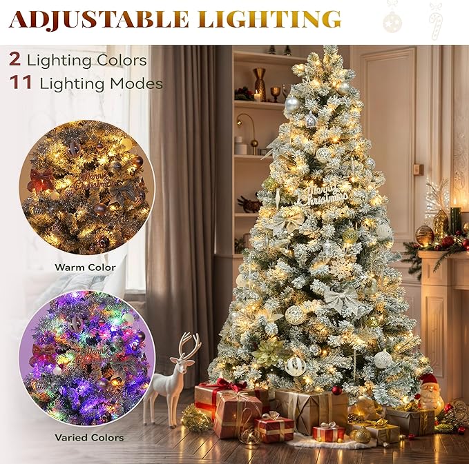 YITAHOME 6 FT Prelit Snow Flocked Christmas Tree with Remote, Hinged Pine Christmas Tree with 250 Warm White/Multicolor Changing Lights, 1100 Branch Tips, and Foldable Base for Home, Party Decoration