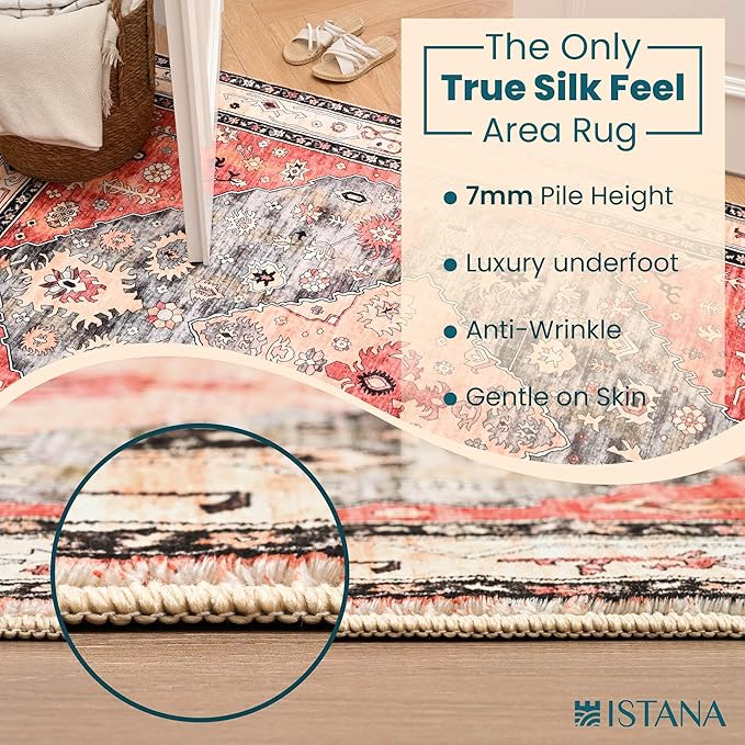 Istana Living Room Rug 10x14 - Red & Teal 10 x 14 Area Rug - Foldable Machine Washable Area Rugs 10x14 10x14 Area Rugs Boho - Stain Resistant Washable Rug 10x14