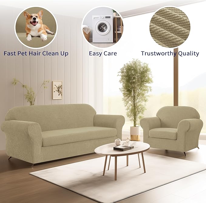 SUBRTEX Sofa Slipcover Stretch Chair Covers 2 Piece 1 Seater Armchair Couch Sofa Cover Washable Furniture Protector with Elastic Bottom for Kids, Pets(New Kahki, Armchair)